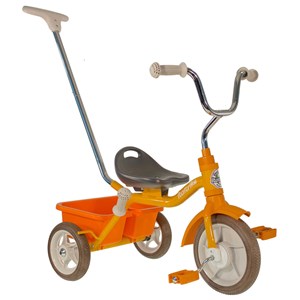 Tricycle orange avec canne et benne