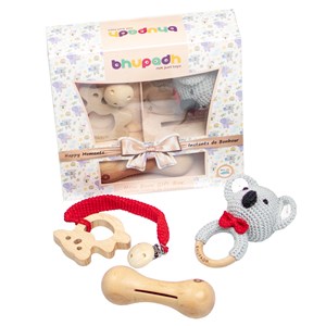 Coffret de 3 hochets en coton et bois