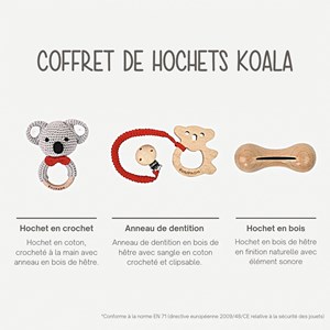 Coffret 3 hochets coton bois naturel
