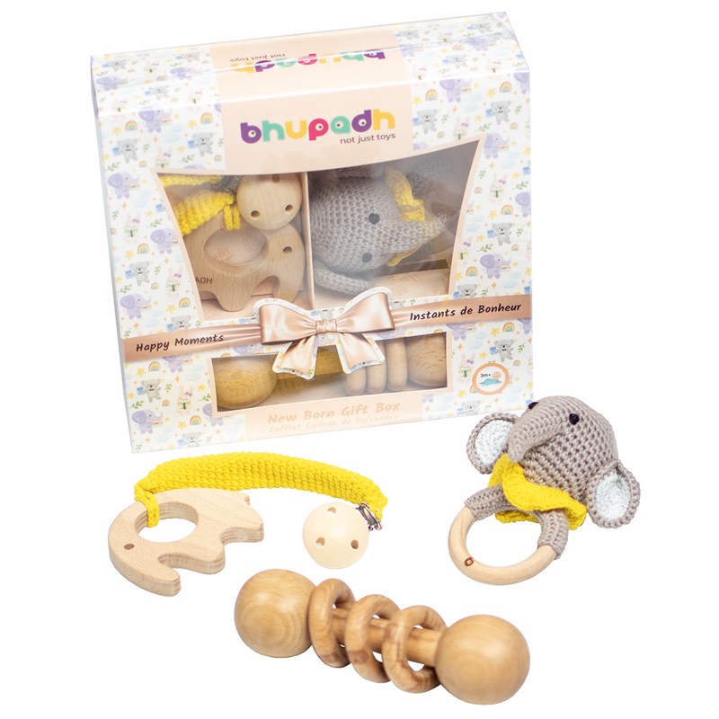 Coffret 3 hochets coton bois naturel