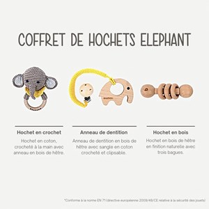 Coffret de 3 hochets en coton et bois