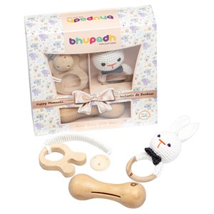 Coffret de 3 hochets en coton et bois