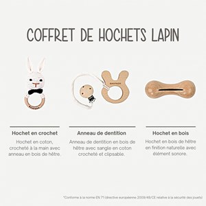 Coffret 3 hochets coton bois naturel