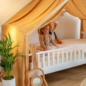 Ciel de lit cabane double gaze pois