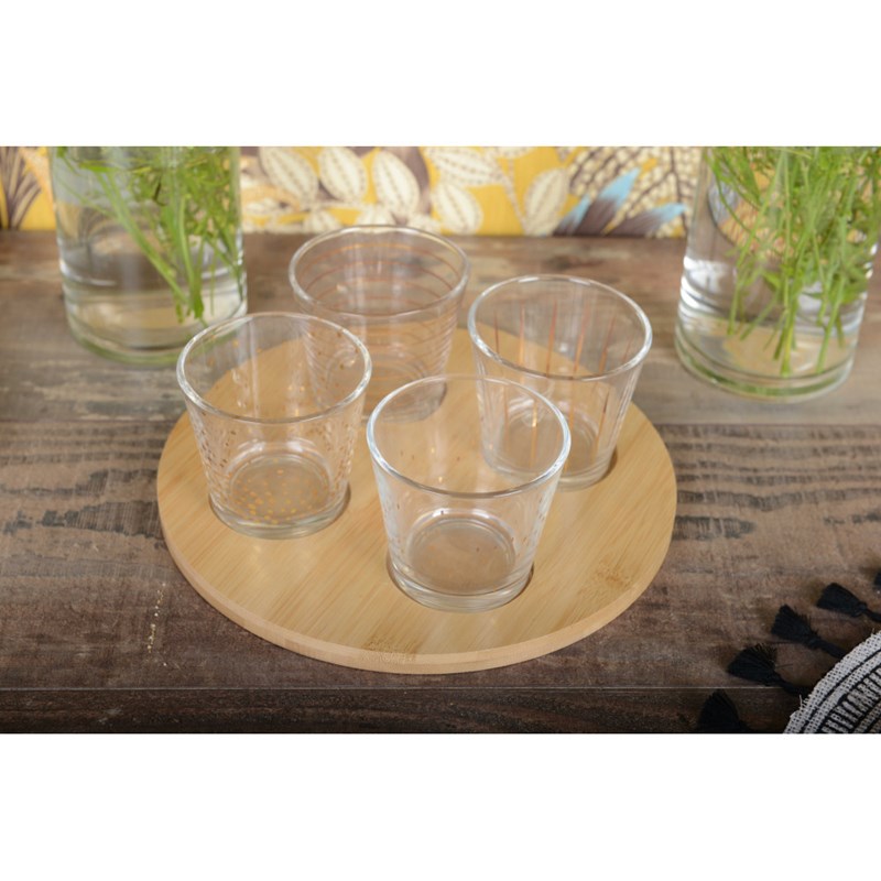 Coupelles dorées avec plateau en bois - lot de 4