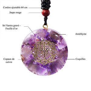 Collier pendentif orgone yoga améthyste