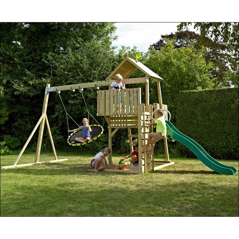 Aire de jeux bois balançoire nid