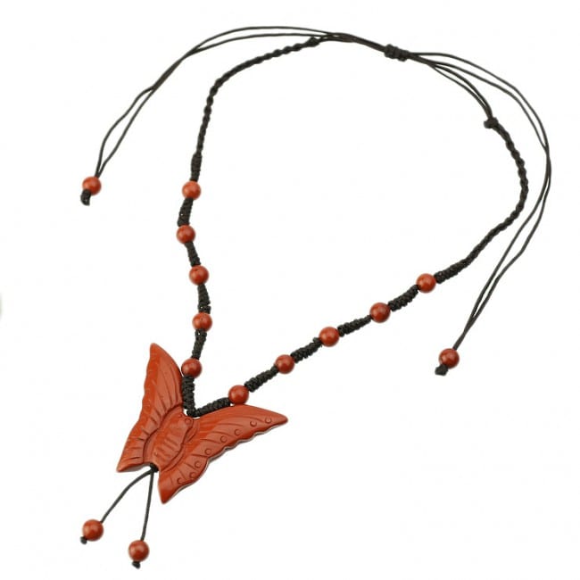 Collier Pendentif Papillon En Porcelaine Rouge - Cordon Réglable Beige - Neuf Sans Emballage