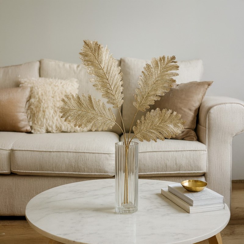 Fleur décorative feuilles fougères dorées h90cm