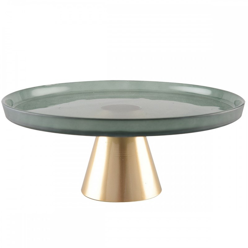 Plat à gâteaux vert sur pied dore 28cm