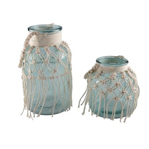 Vase en verre vert d'eau macramé h.26cm