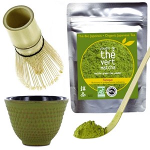 Kit thé matcha, couverts, tasse vert-or
