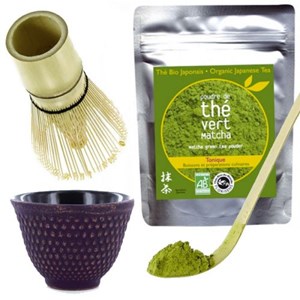 Kit thé matcha, couverts, tasse violette