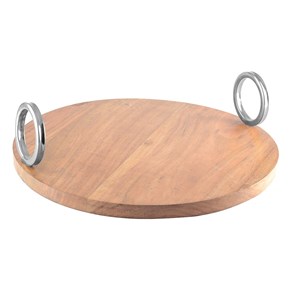 Plateau rond en bois avec anse argent