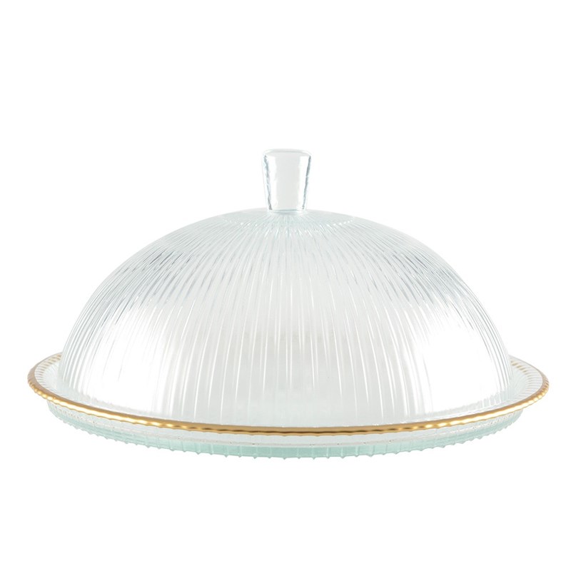 Cloche en verre bords dorés sur plat