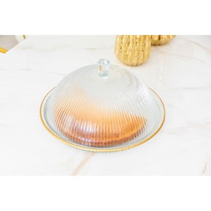 Cloche en verre bords dorés sur plat