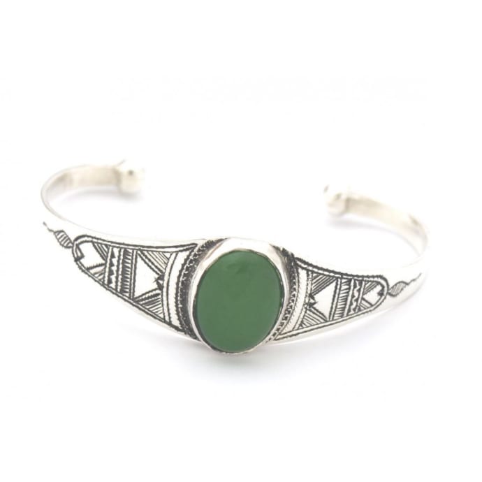 Bracelet Vintage En Argent Massif Avec Agathe Verte - Design Années 70 - Très Bon état