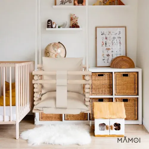 Babykare - Chaise suspendue bébé en bois avec harnais de sécurité & crochet beige