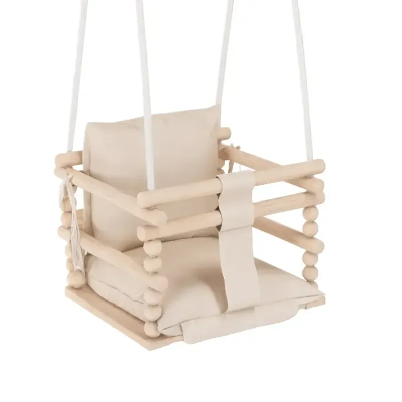 Chaise suspendue bébé en bois avec harnais de sécurité & crochet beige (Babykare) - Image 1