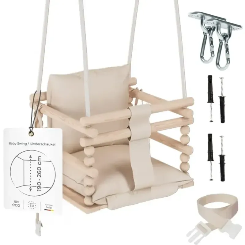 Chaise suspendue bébé en bois avec harnais de sécurité & crochet beige (Babykare) - Image 2