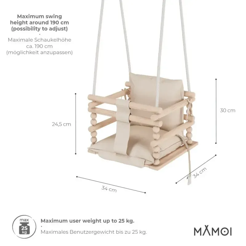 Chaise suspendue bébé en bois avec harnais de sécurité & crochet beige (Babykare) - Image 3