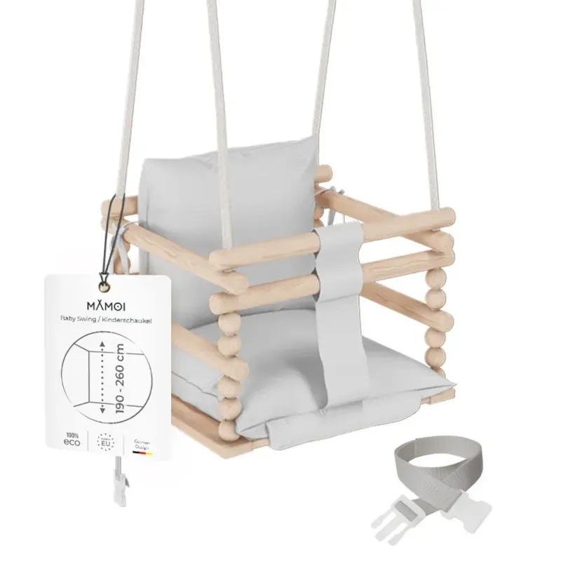 Chaise suspendue bébé en bois avec harnais de sécurité & crochet gris clair (Babykare) - Image 1