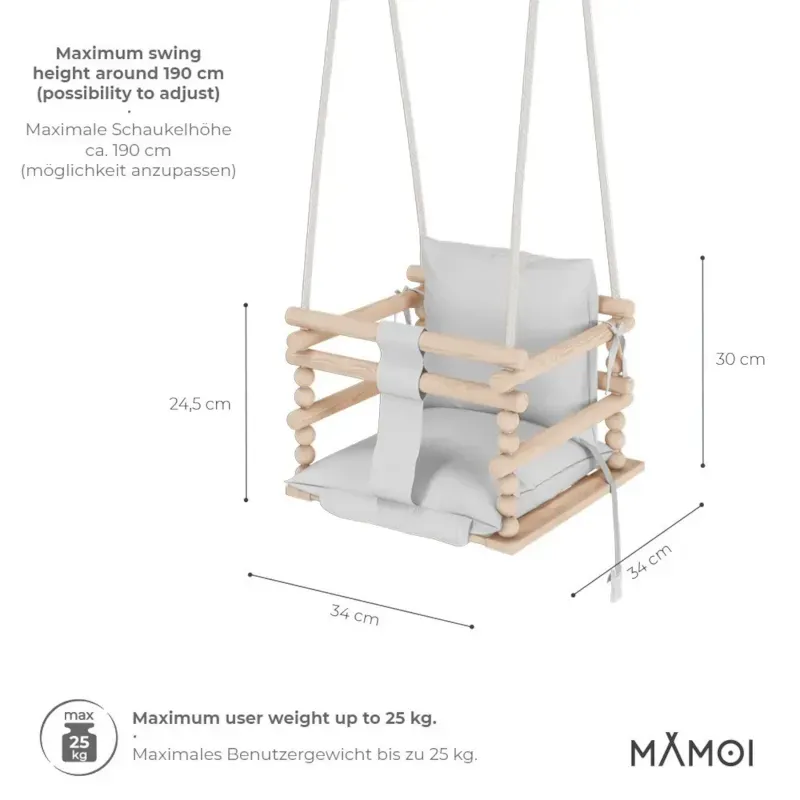 Chaise suspendue bébé en bois avec harnais de sécurité & crochet gris clair (Babykare) - Image 2