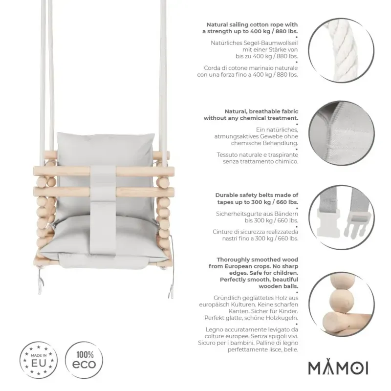 Chaise suspendue bébé en bois avec harnais de sécurité & crochet gris clair (Babykare) - Image 3