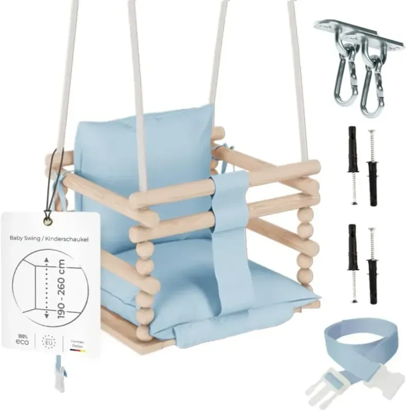 Chaise suspendue bébé en bois avec harnais de sécurité & crochet bleu (Babykare) - Couverture