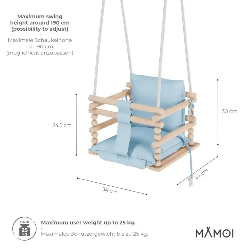 Chaise suspendue bébé en bois avec harnais de sécurité & crochet bleu (Babykare) - Image 2