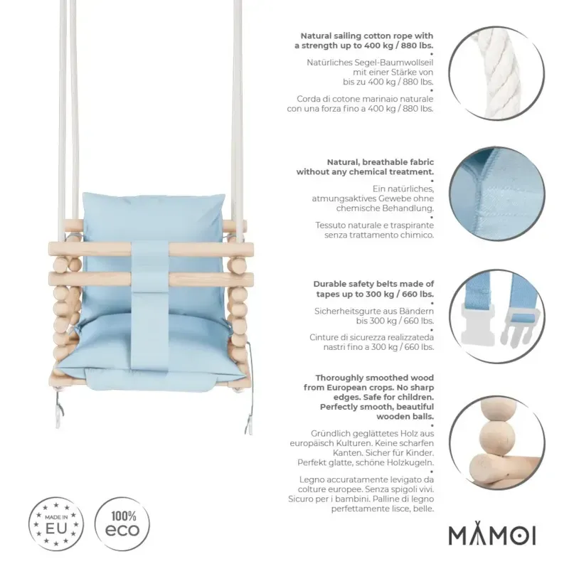 Chaise suspendue bébé en bois avec harnais de sécurité & crochet bleu (Babykare) - Image 3