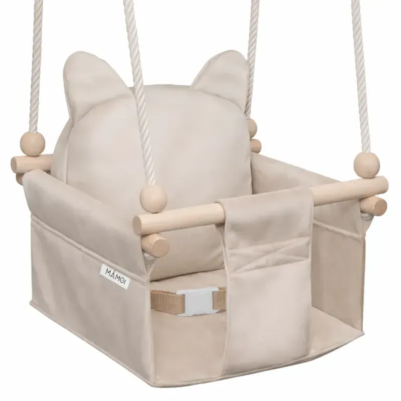 Chaise suspendue bébé en bois petit chat 3-en-1 avec harnais gris clair (Mamoi) - Couverture