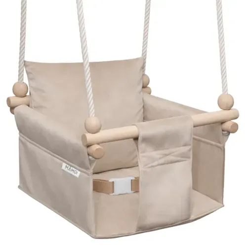 Mamoi - Chaise suspendue bébé en bois montessori 3-en-1 avec harnais beige