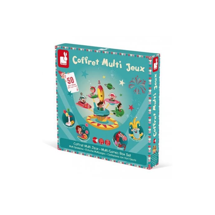 Janod - Coffret Multi-Jeux Carrousel - 5 Jeux Classiques (Dames, Petits Chevaux, Nain Jaune, 7 Familles, Jeu De L'Oie) - Dès 5 Ans