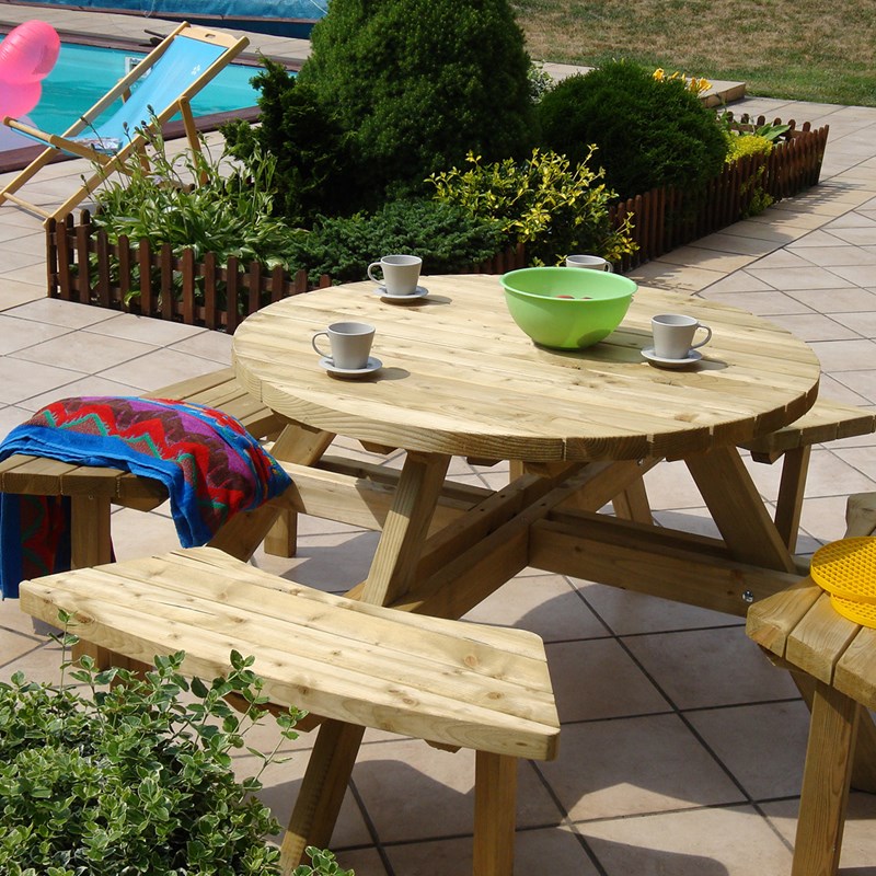 Cémonjardin - Table pique-nique ronde en bois 4 pla...