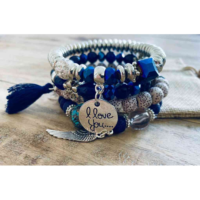 Bracelets Fantaisie Bleu Et Noir Argenté - Lot - Occasion - Parfait Pour Accessoiriser