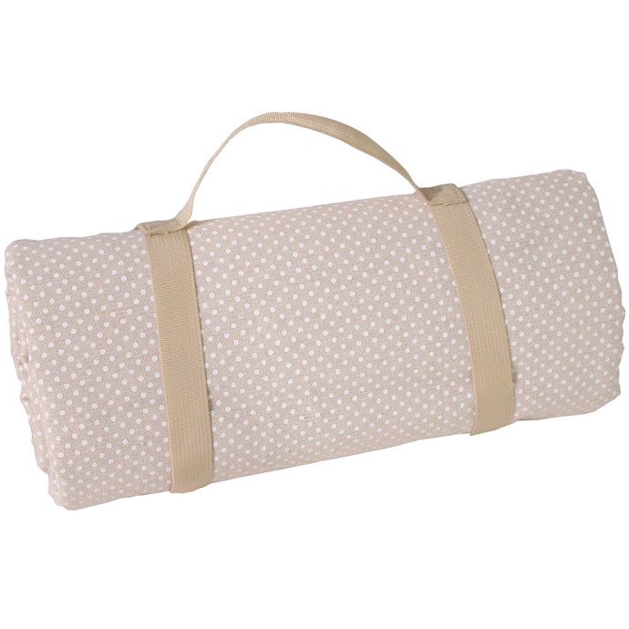 Une grande nappe de pique-nique à carreaux bleus et blancs