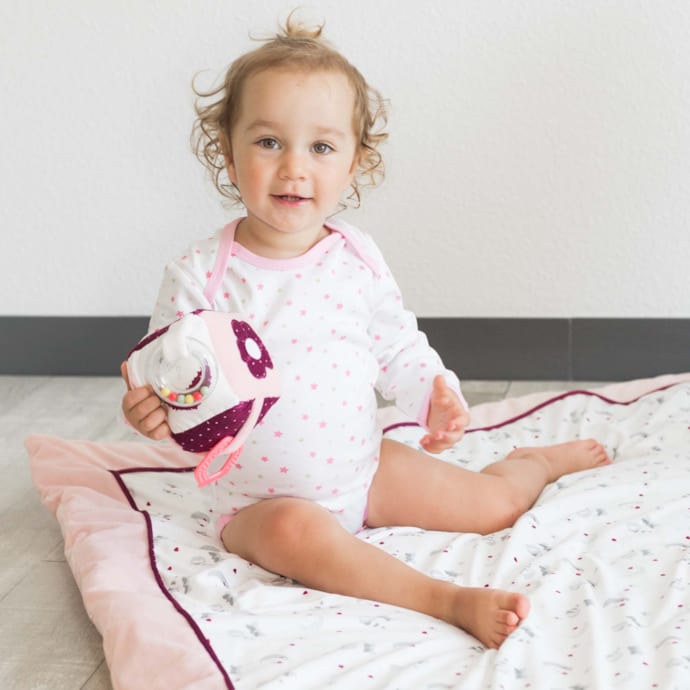 Robe Bébé Chloé Louise - Rose Et Blanc, Motif Lapin Et Fleurs - Taille 18-24 Mois - Coton 100%