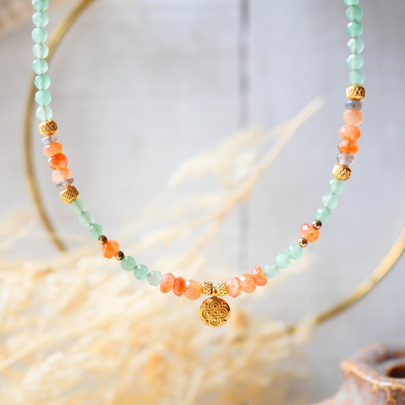 Collier saanjeevani - aventurine, pierre de soleil, trèfle - chance et vitalité