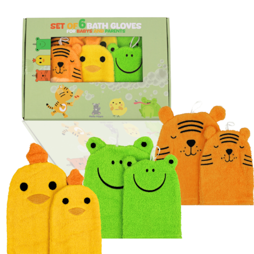 Hello Hippo - Lot de 6 gants de toilette bébé & enfant