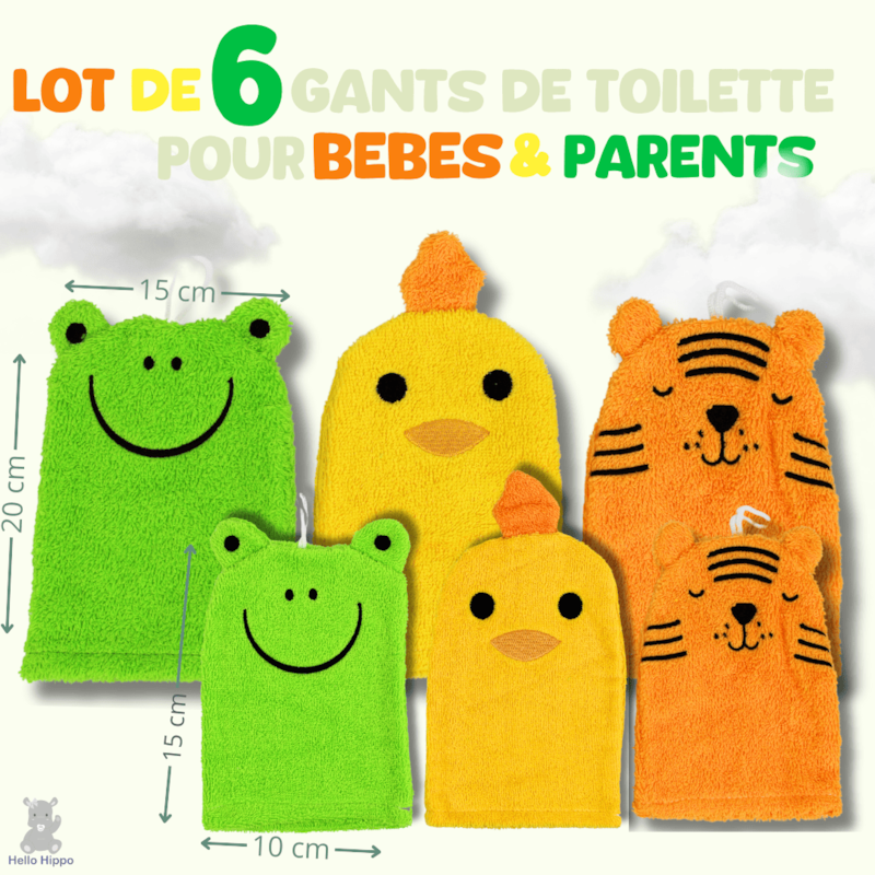 Lot de 6 gants de toilette bébé & enfant (Hello Hippo) - Image 1