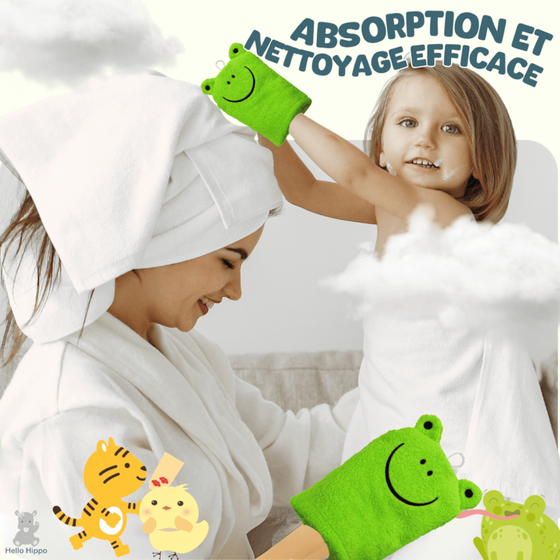 Lot de 6 gants de toilette bébé & enfant (Hello Hippo) - Image 3