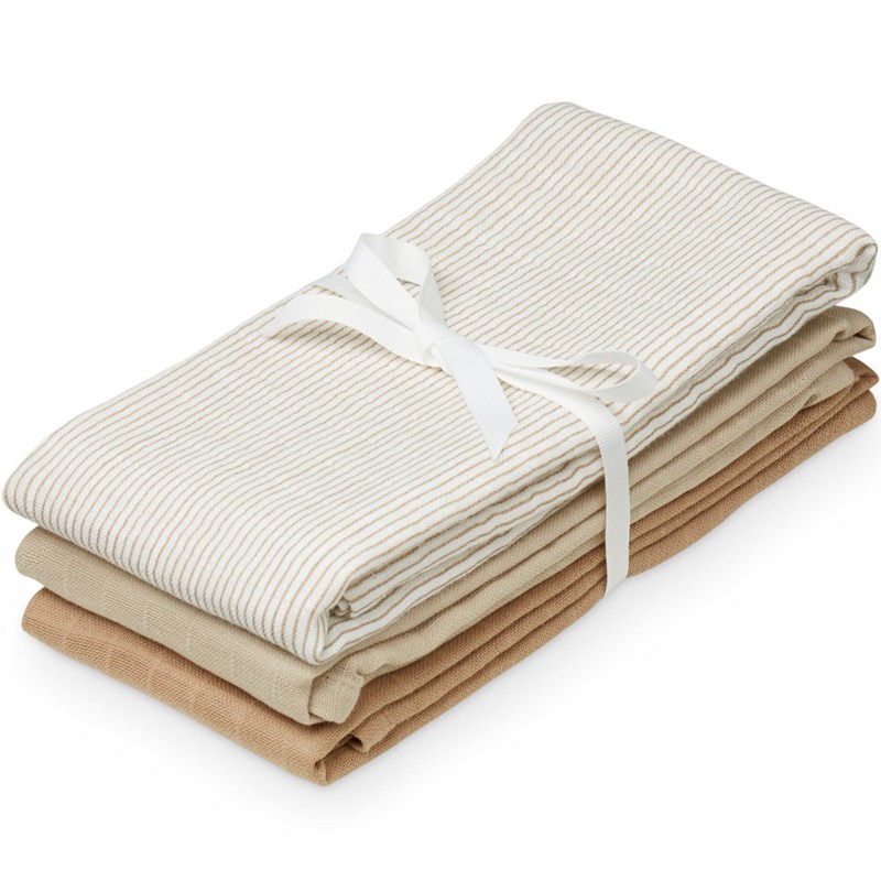 Lot de 3 langes en coton bio mix classic stripes camel (70 x 70 cm)