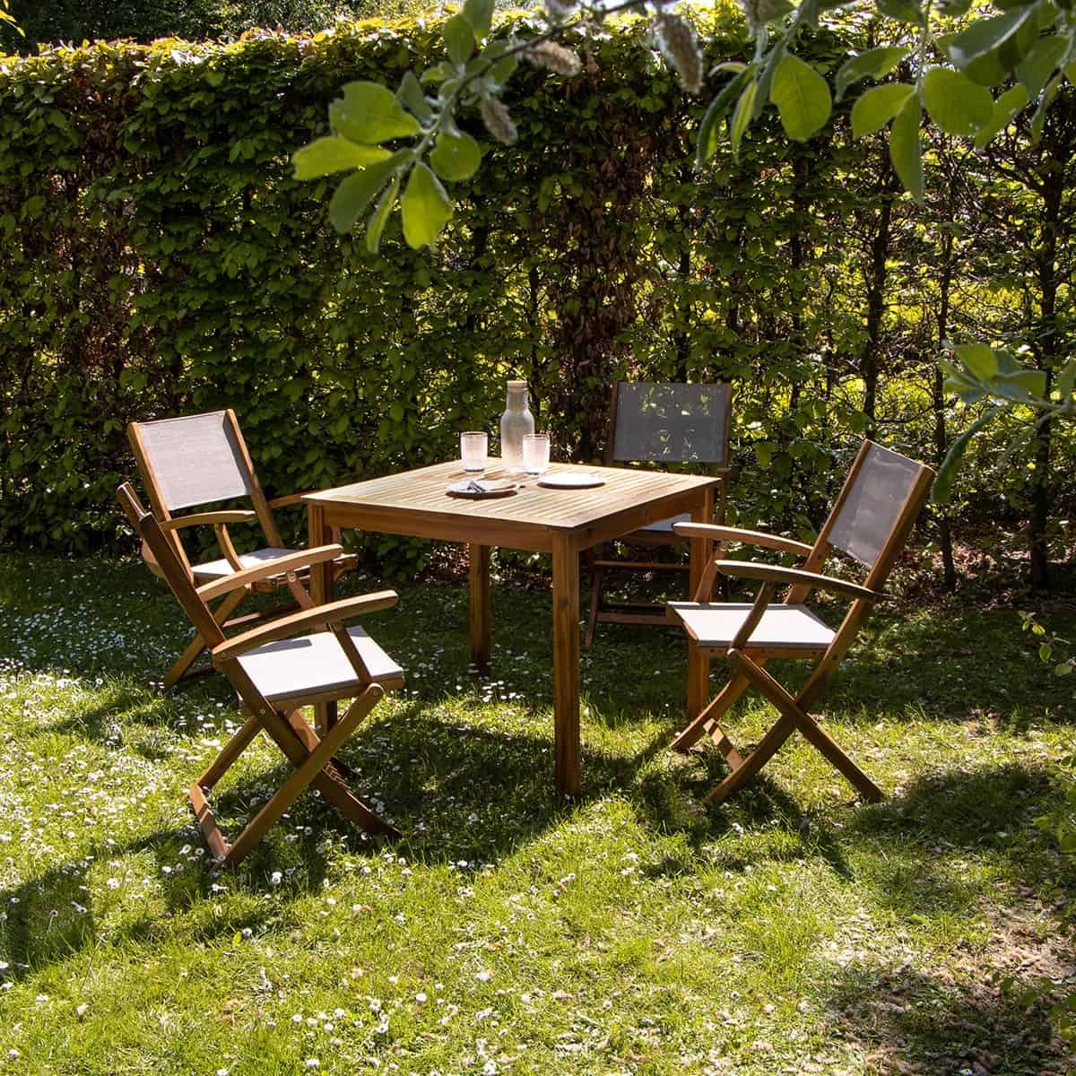 2 chaises de jardin en acacia massif et textilène noir pliantes Hanoï