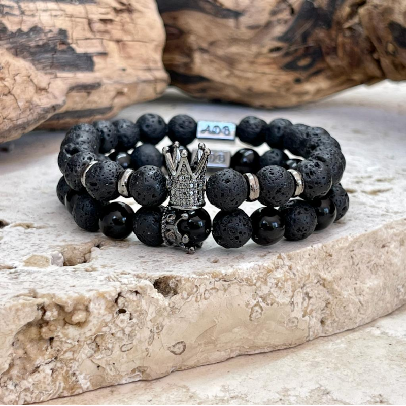 TOFBS 2 Bracelets Couple Pierre Naturelle Obsidienne Noire - Bijoux Magnétiques Pour Homme Et Femme