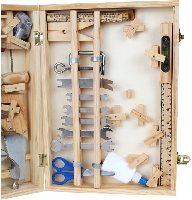 Mr Fix Mallette à outils en bois pour enfants avec de nombreux outils