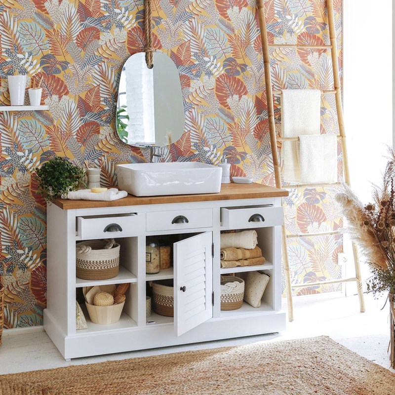 Meuble sous vasque en pin massif blanc