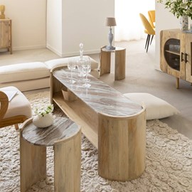 Meuble tv ovale en bois de manguier et marbre isabella