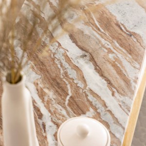 Meuble tv ovale en bois de manguier et marbre isabella