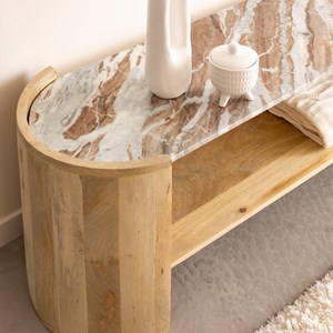 Meuble tv ovale en bois de manguier et marbre isabella